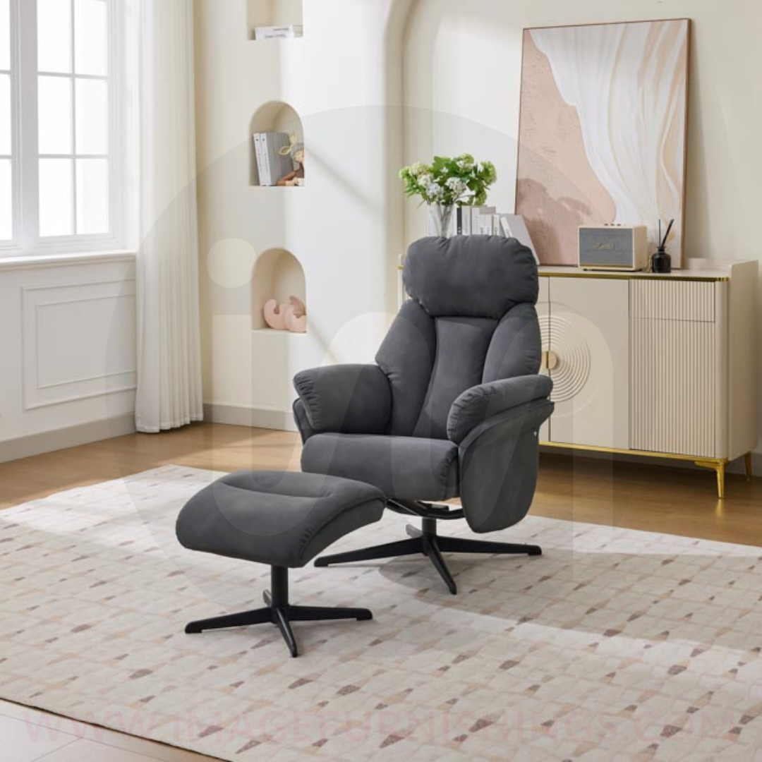 Sloane Swivel Leisure Chair with  Footstool (Black base) - Dark Grey